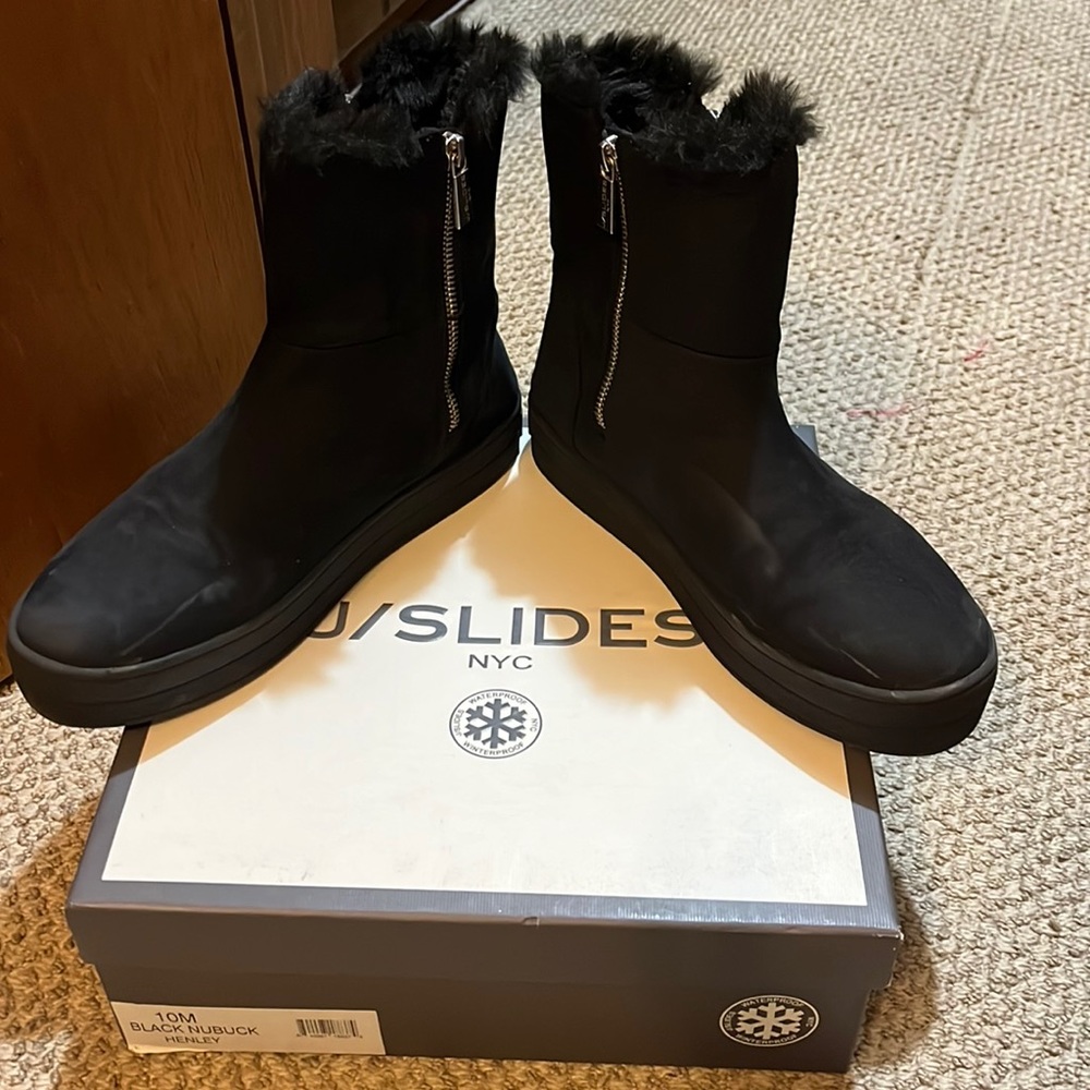 Women all black J Slides. Worn but gently worn, good condition.